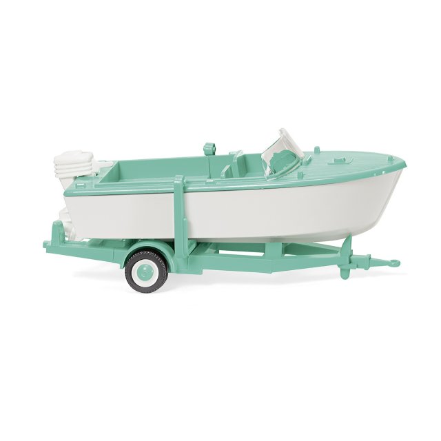 Wiking 009503 H0 Motorboot auf Anhänger - signalweiß/mintgrün